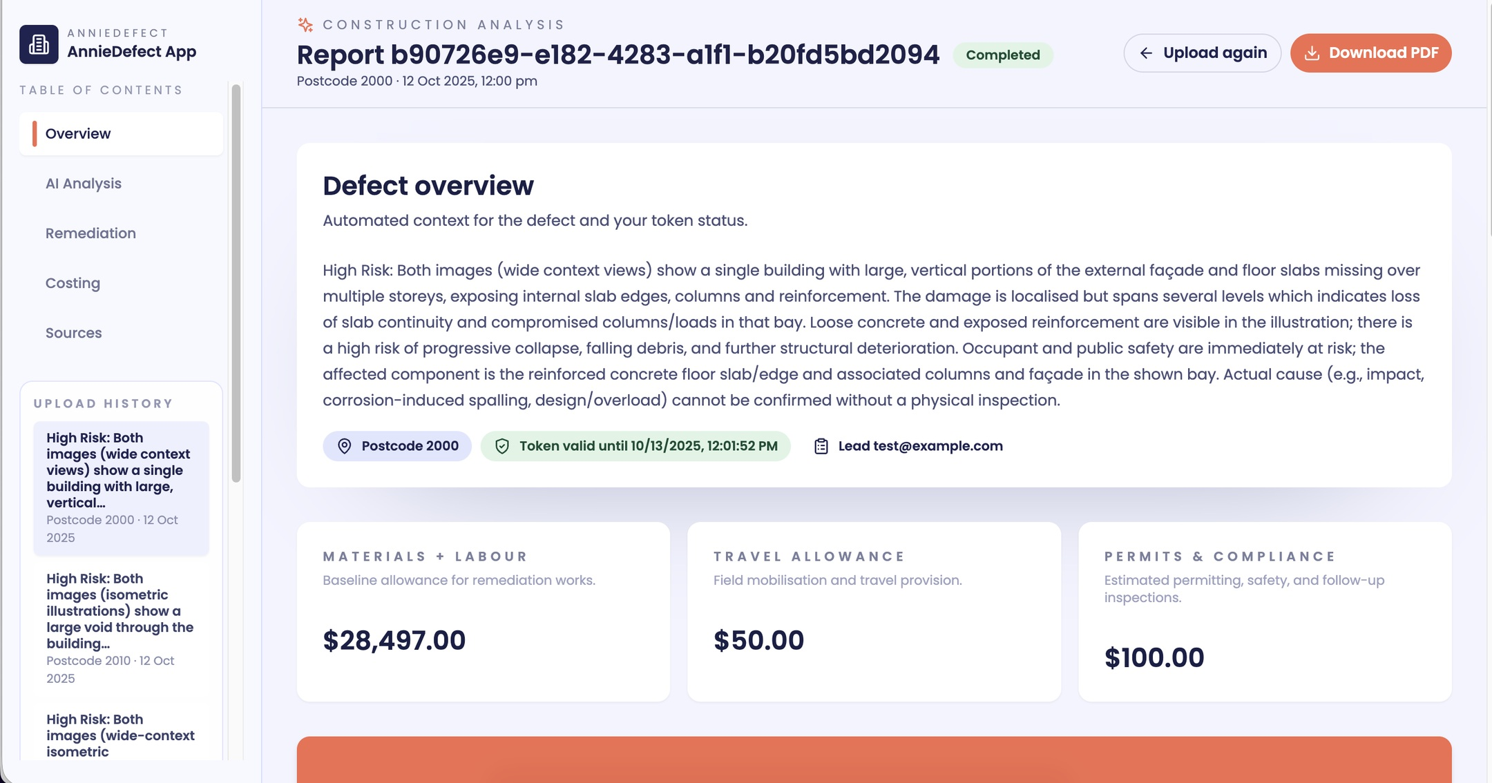 AnnieDefect App dashboard showing construction analysis report with AI-generated defect overview and cost breakdown
