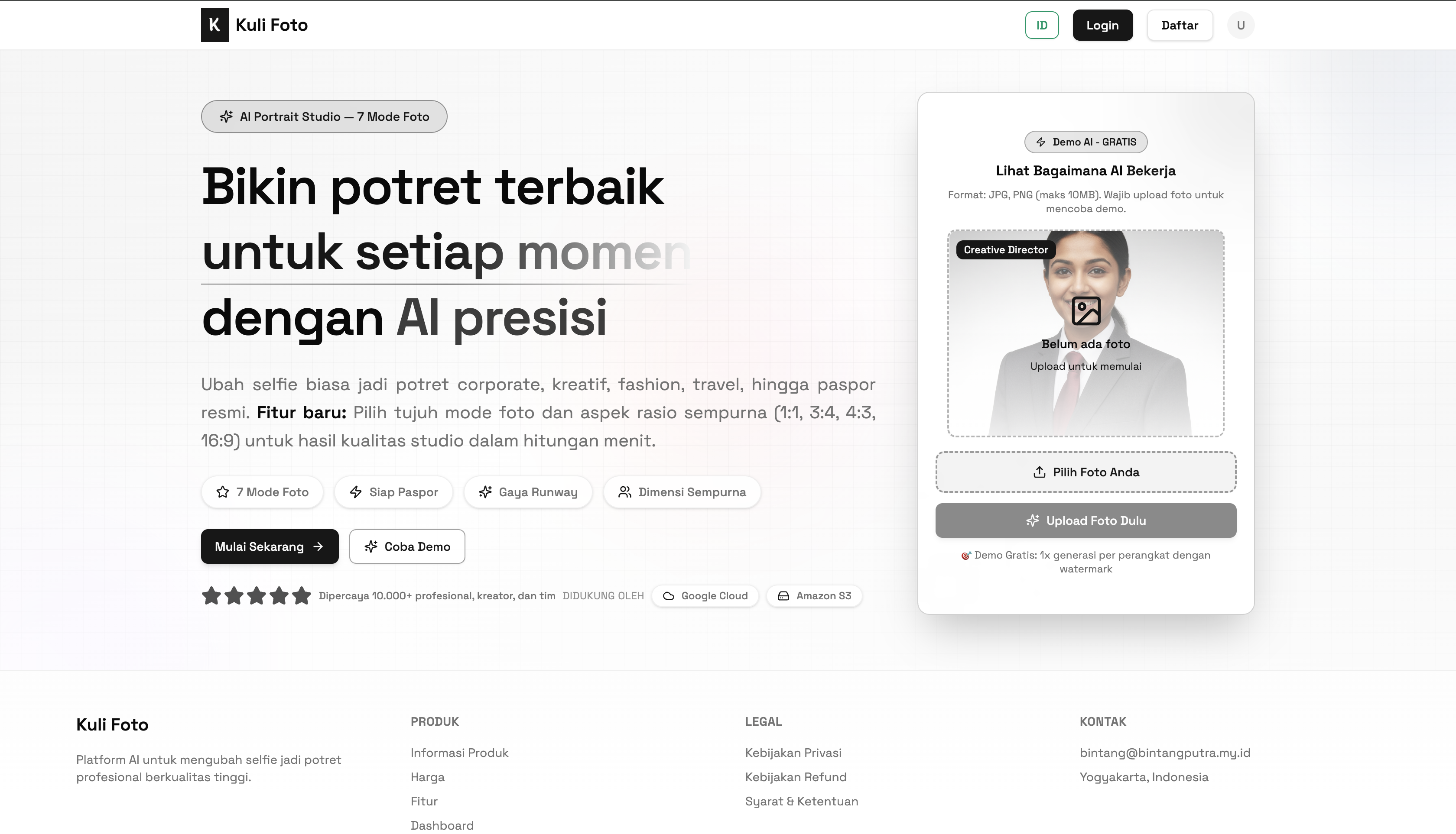 Kulifoto AI portrait studio landing page with demo interface showing professional headshot generation