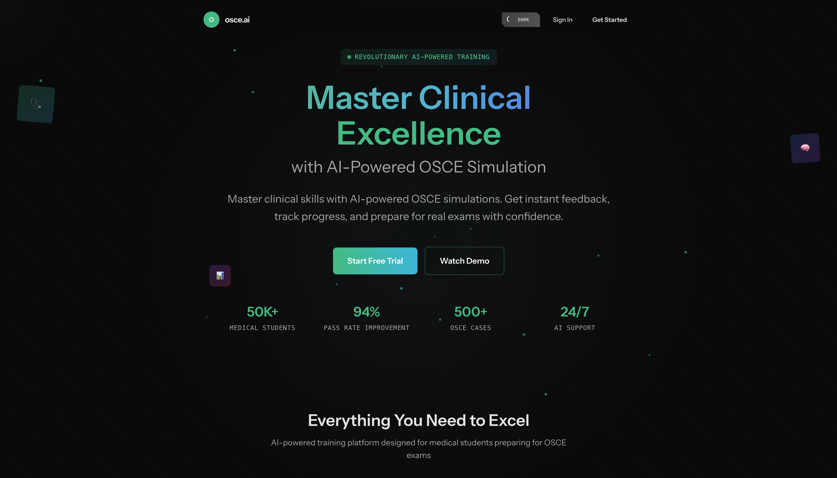 OSCE.ai landing page showing AI-powered clinical training platform with key statistics