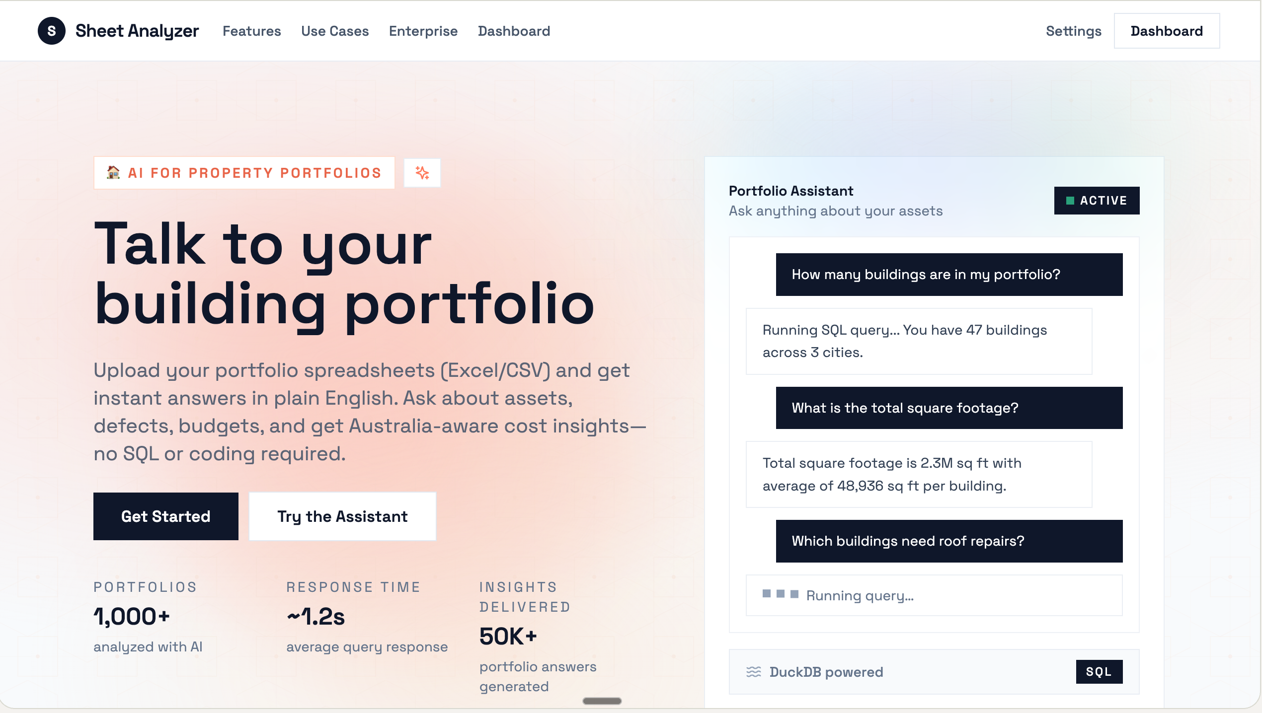 Sheet Analyzer landing page showing AI-powered portfolio assistant with chat interface and SQL query capabilities
