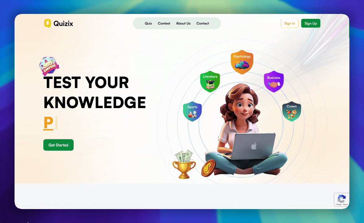 Smartolimpia.id Quizix platform showing gamified quiz interface with multiple subject categories